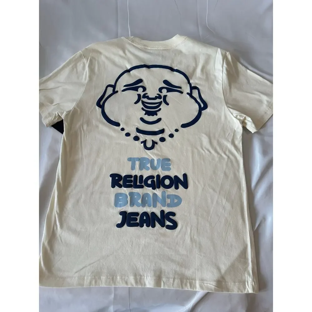 NWT True Religion Men's Drip Horseshoe Buddha Graphic T-Shirt Cream Off-White